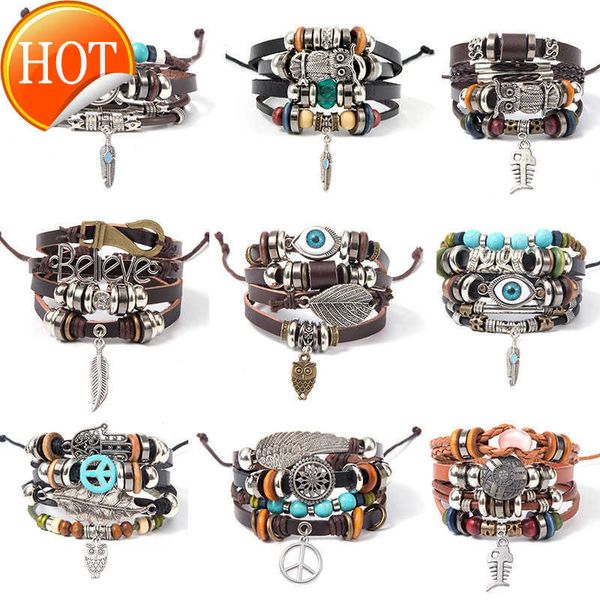 Charm Armbänder Türkis Herren Geflochtenes Leder Holzperlen Armband Mehrschichtiger Anhänger Damen DIY Liebhaber