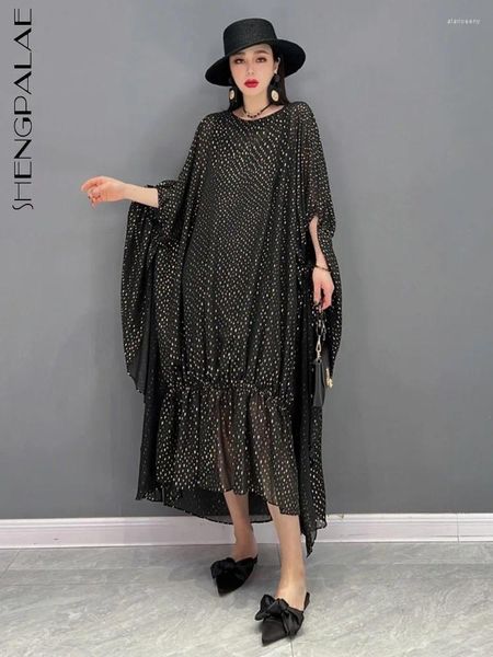 Casual Kleider SHENGPALAE Oansatz Pullover Vestido Lose Mid-länge Welle Punkt Mesh Elegante Unregelmäßige Kleid Für Frauen 2024 Frühling Sommer