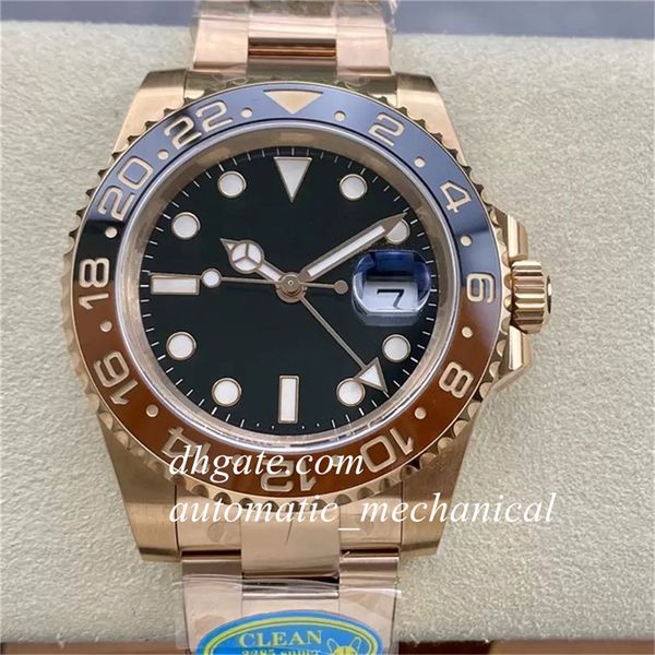 Relógio masculino de fábrica limpa Root Beer CF 40mm GMT Moldura de cerâmica Rose Gold Eta 3285 Movimento automático 904L Steel Diver 126715 Cartão de garantia Relógio super versão