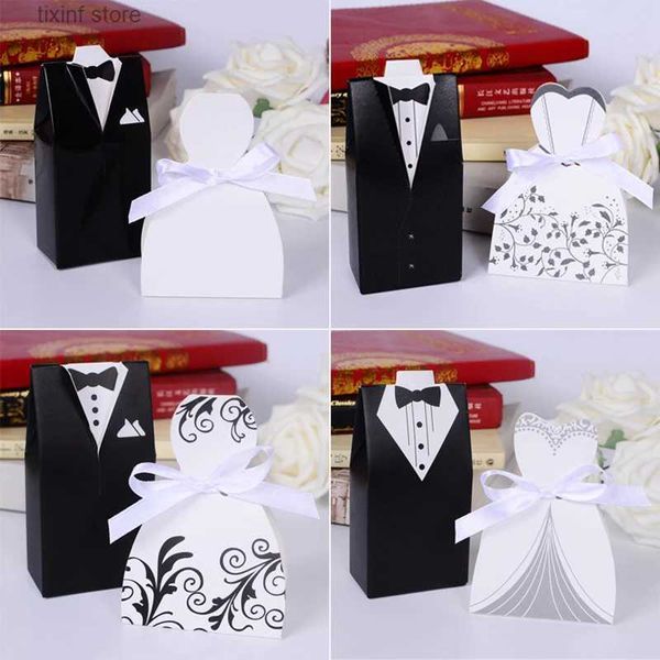 Envoltório de presente 100pcs casos de presente de noiva noivo smoking vestido vestido fita favores de casamento caixa de doces caixa de açúcar decoração de casamento mariage casamento t240309