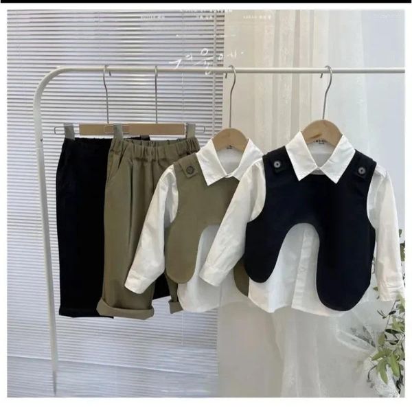 Conjuntos de roupas 2024 casual colete top calça criança crianças bebê criança menino coreia designer roupas 2-10 anos 3 peças conjunto primavera