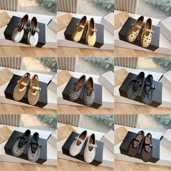 Tasarımcı Bale Düz Markalı Kadın Perçinleri Rhinestones Sandal Ağaç Altın Marka Elbiseleri ve Moomers Mary Deri Elbise Ayakkabı Boyutu 35-41