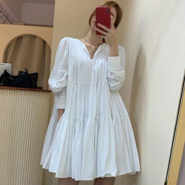 Casual Kleider VANOVICH Koreanische Stil Frühling Einfache V-ausschnitt Plissee Design Lose Taille Falten A-linie Kleid Frau Laterne Hülse Süße