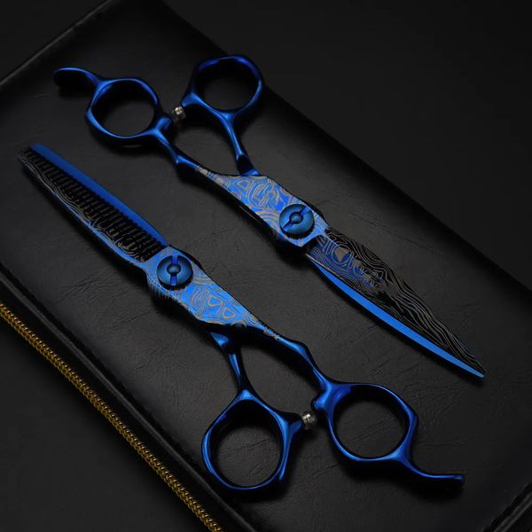 Profissional 6 tesoura de luxo azul damasco tesoura cabelo corte de cabelo desbaste ferramentas barbeiro tesoura corte cabeleireiro tesoura240227