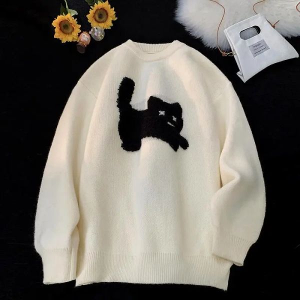 Moletons moda coreano vintage bonito gato impressão feminina hoodie primavera inverno y2k quente casal rua hip hop solto manga longa hoodie