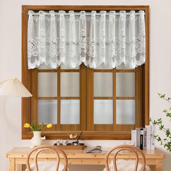 Cortina 1 peça de renda branca floral curta para janela de cozinha transparente armário à prova de poeira decoração de casa # E