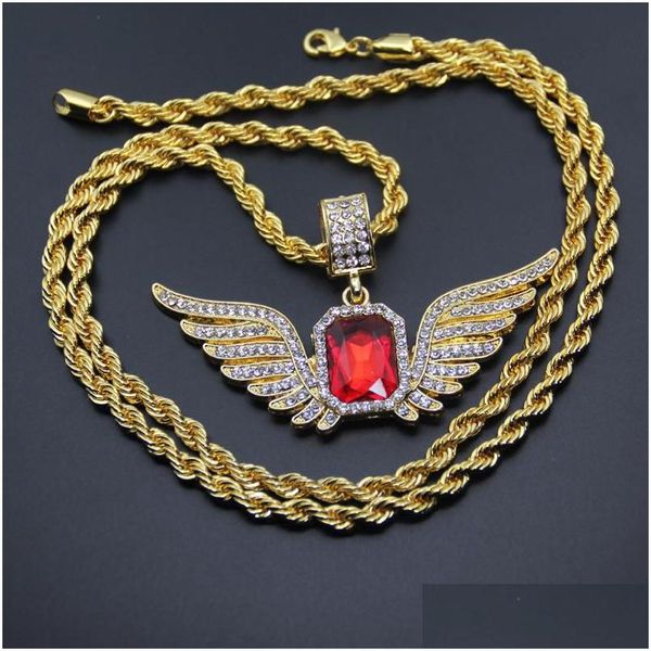 Ожерелья с подвесками в стиле хип-хоп, Крылья ангела с большим красным камнем, ожерелье 76 см, веревочная цепочка, стразы, инкрустированные крыльями, ожерелье для мужчин и женщин, Iced Out Dhhoi