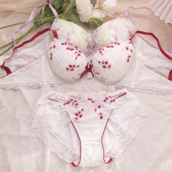 Set di reggiseni Set di biancheria intima per ragazze dolci e adorabili Set sezione sottile di seni grandi Mostra piccolo anello in acciaio raccolto reggiseno Lingerie di fiori da donna