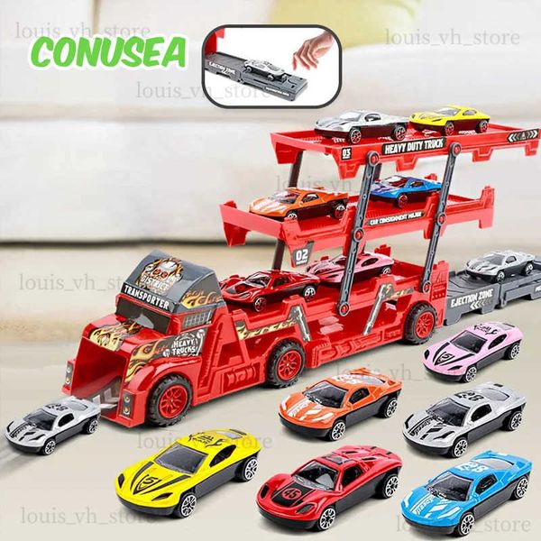 Diecast Model Arabalar 7 PCS Araç Model Set Taşıma Araç Büyük Kamyon Araçları Trailer Üç katmanlı katlanır ejeksiyon Direcki Boys Camapult Rail Toys Boys T240309