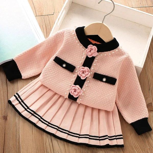 Kleidungssets Set Winterkleidung für Mädchen Strickjacke und Rock Kinder Perlen stricken Tragen Anzüge Uniform 1-7Ys Kinder warme Pullover Outfits