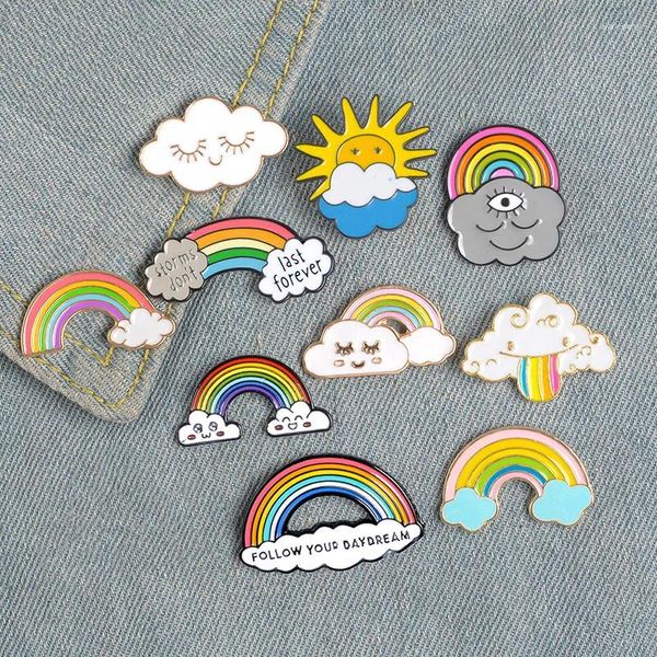 Broschen Regenbogen Wolken Emaille Pin Benutzerdefinierte Dunkelweiß Tasche Kleidung Revers Abzeichen Wetter Schmuck Geschenk Für Kinder Mädchen Großhandel