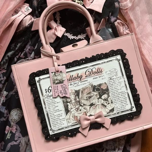Jiaerdi fairycore lolita bolsa feminina harajuku arco alça de couro rosa bolsa senhoras vintage grande capacidade jk bolsa de ombro 240226