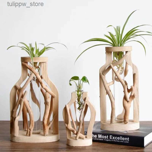 Vasen, reine Handarbeit, Holzvase, dekorierter Blumentopf aus massivem Holz für kreative Glasblumen-Hydrokulturbehälter, dekorative Vase für Zuhause, L240309