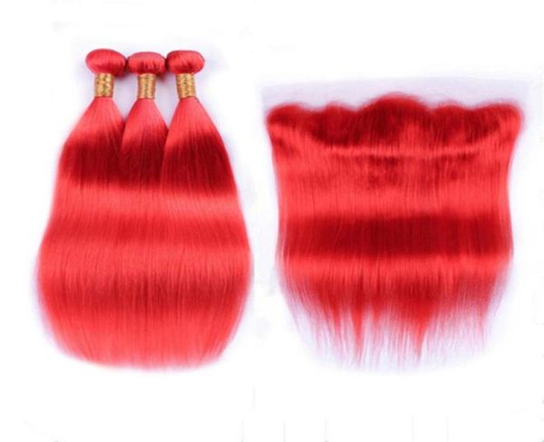 Cabelo humano vermelho puro brasileiro virgem tece com fechamento frontal sedoso reto colorido vermelho renda completa frontal 13x4 com 3 pacotes 4891499