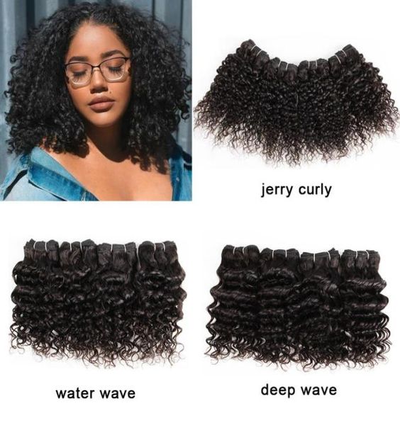 Brasilianische lockige Menschenhaarverlängerung Tiefwasser Jerry Curl Weave BundlesNatürliche Farbe Kurze Lockige 10 12 Zoll 4 Bundlesset Remy Ha2978598