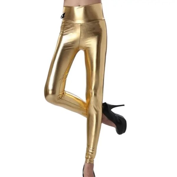 Capris kadın yüksek bel siyah altın gümüş taklit deri pantolon ince streç parlak tozluklar seksi parlak bar kulüp disko pantolon