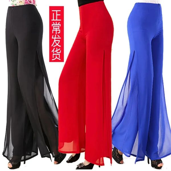 Capris verão coreano chiffon perna larga calças femininas zíper/elasticidade cintura alta dividir culottes calça chiffon dança hakama