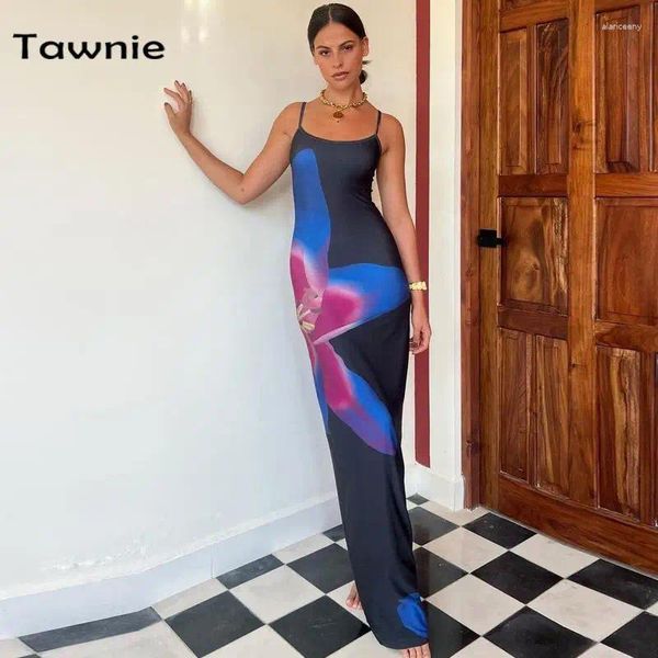 Casual Kleider Tawnie Floral Bedruckte 2024 Sommer Frauen Schlanke Backless Boho Maxi Kleid Spaghetti Sommerkleid Weibliche Lange Strand Outfit