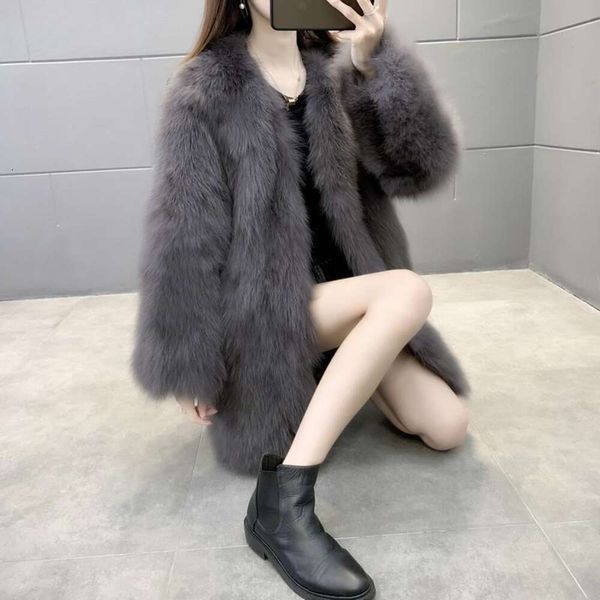 2023 Inverno Haining Donna Stile Western Volpe Imitazione Cappotto Integrato in Pelle E Pelliccia di Media Lunghezza con Scollo a V Dimagrante 637551