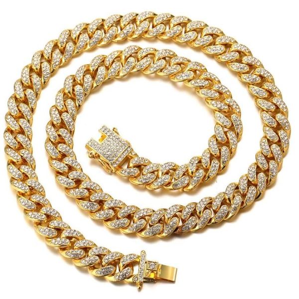 Цепи Золотая цепочка для мужчин Iced Out 12 мм 18-каратное платиновое серебро с бриллиантами кубинское звено ожерелье хип-хоп JewelryChains302a