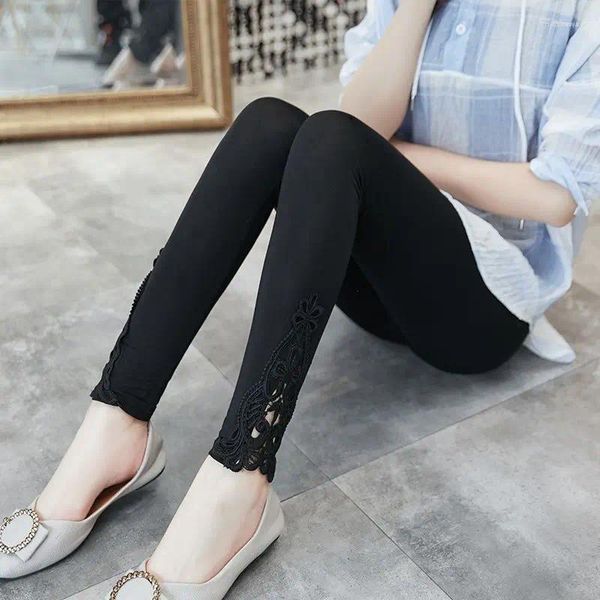 Leggings da donna in pizzo a vita alta snellenti elasticizzati skinny versatili pantaloni alla caviglia primaverili e autunnali sottili