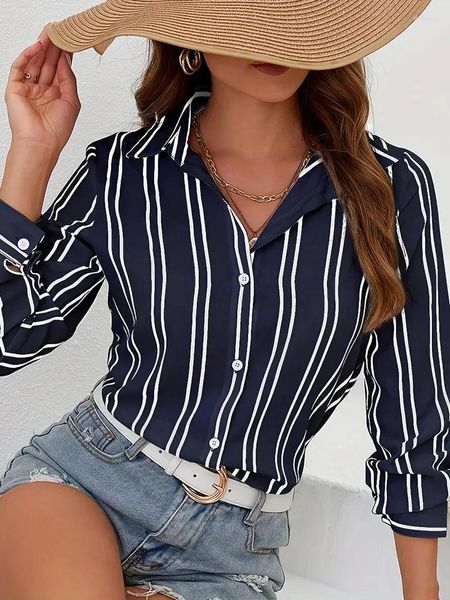 Blusas femininas camisas elegantes azul listrado impressão simples camisa 2024 primavera verão plus size roupas femininas blusa topos