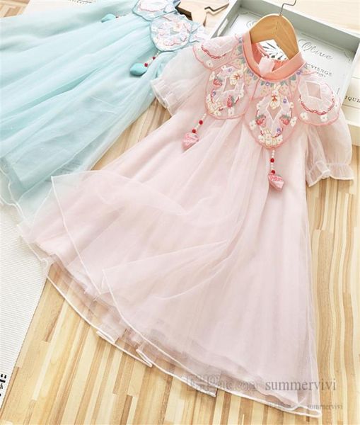 Abito da principessa per ragazze in stile cinese con petali ricamati risvolto perle scialle con nappe set da 2 pezzi 2022 estate per bambini039s day part9391896