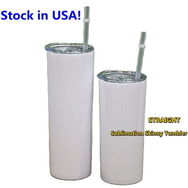 EUA Stocks Sublimação 15oz Tumblers Skinny Reta com Tampa de Plástico Palha de Aço Inoxidável Parede Dupla Isolada a Vácuo Blanks W2488