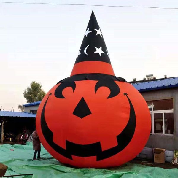 vendita all'ingrosso 8 mH (26 piedi) con ventilatore Vendita di decorazioni di zucca gonfiabili giganti all'aperto di Halloween a prezzi accessibili con cappello nero