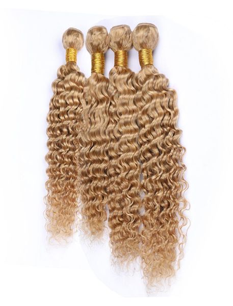 Fasci di tessuto brasiliano per capelli umani con onda profonda biondo miele 4 pezzi 400 grammi 27 estensioni di trame di capelli umani ricci marrone chiaro onda profonda2036261