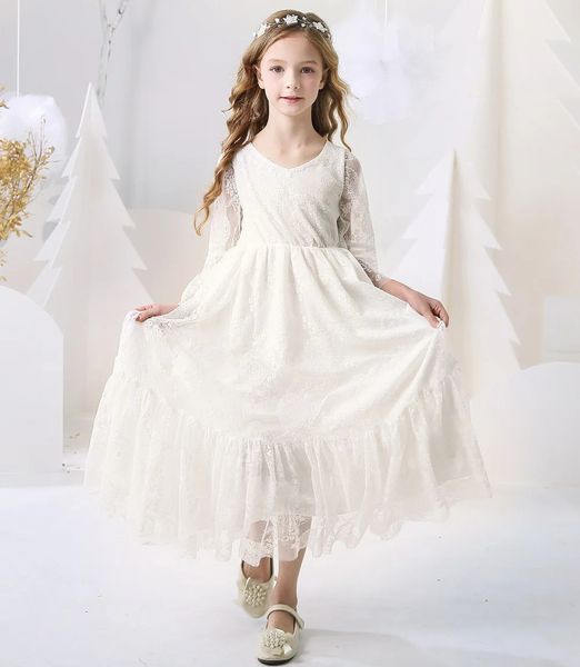 Abiti da ragazza di fiori da 212 anni Abito estivo a maniche lunghe beige bianco Comunione Bambino Bambini Battesimo Matrimonio Abiti da damigella d'onore 240306