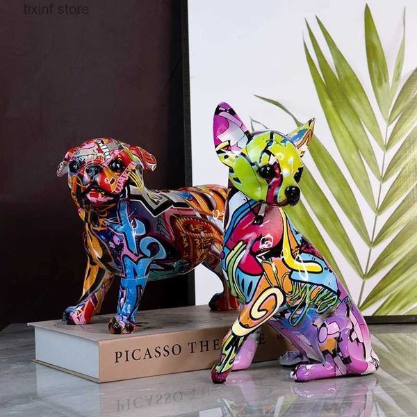 Oggetti decorativi Figurine Stampa a trasferimento d'acqua Chihuahua Dog Statua decorativa Resina colorata Artigianato Modello Animali Chihuahua Splash Color Art Statue T24