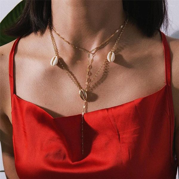 Anhänger Halsketten Vintage MultiLevel Gold-Platte Kette Shell Halskette für Frauen weibliche Mode geometrische lange Halsband Wild Schmuck Geschenk