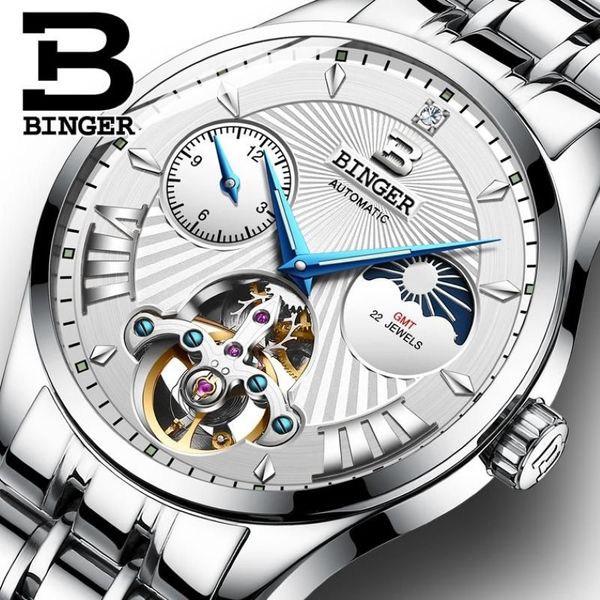 Швейцария BINGER турбийон механические часы автоматические мужские часы с фазой луны полный стальной ремешок с сапфировым стеклом светящиеся водонепроницаемые часы Wristwa265d