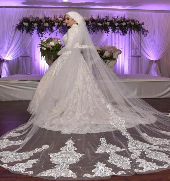 2019 véus de casamento muçulmano 2 camadas catedral comprimento renda apliques véu de noiva com pente feito sob encomenda véu branco marfim blush cover6960014