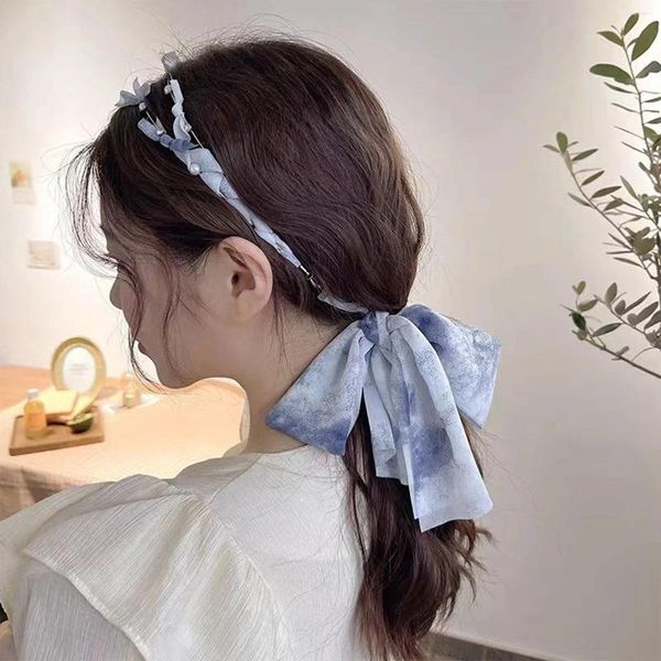 Grampos de cabelo moda pérola bandana feminina fitas hairbands elegante longo meninas fita de seda festa de casamento penteado headwear