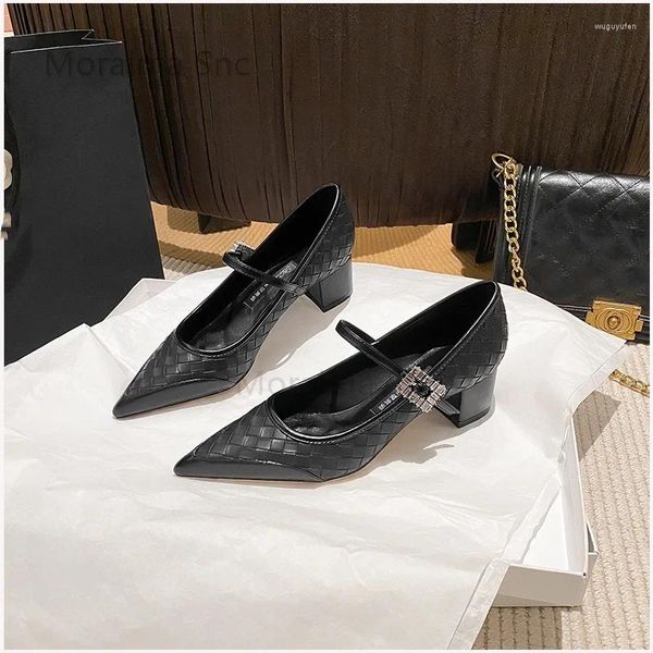 Scarpe eleganti con bottoni quadrati con strass Tacchi alti da donna nere a punta con intreccio a spillo in pelle singola da ufficio femminile