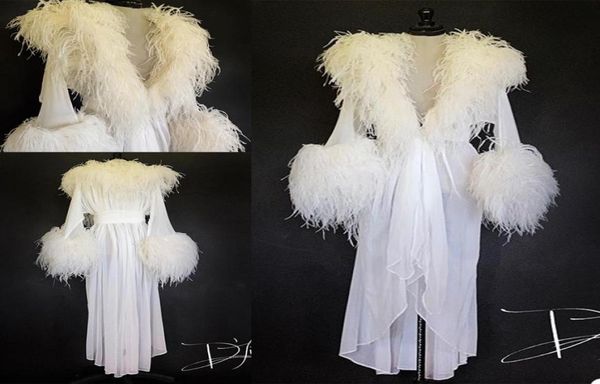 Luxus Weiße Feder Pelz Frauen Winter Kimono Schwangere Party Nachtwäsche Mutterschaft Bademantel Chiffon Nachthemd Pographie Kleid Robe S9012600