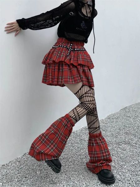 gonna Ruibbit Rock Punk Gotico Harajuku Hot Girl Cake Dress Nero Rosso Plaid Soft Girl Minigonna in pizzo Lolita giapponese e scaldamuscoli