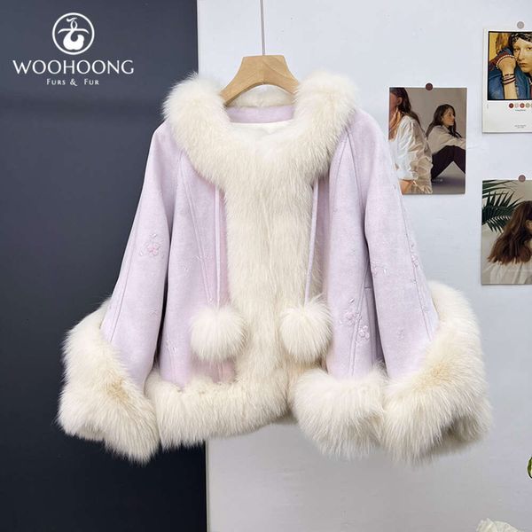 Wuhuang осенне-зимнее женское короткое плюшевое пальто на гусином пуху с лисьим мехом и травой, внутренняя майка, новая китайская вышивка 700358