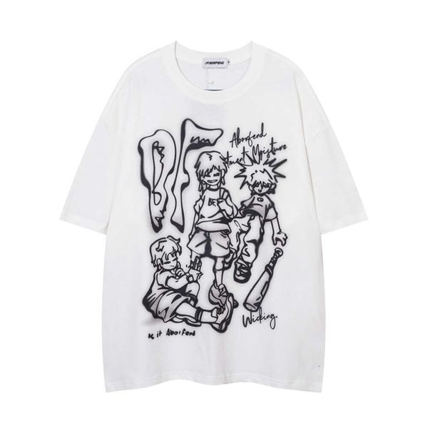 T-shirt a maniche corte con graffiti di personaggi dei cartoni animati retrò disegnati a mano in stile americano per il design di etichette di moda estive da uomo, mezza manica ampia per coppia