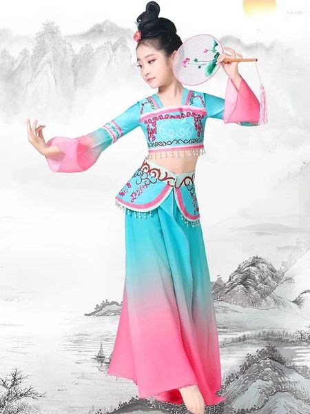 Palco desgaste crianças traje de dança clássica dunhuang exercício roupas fã guarda-chuva elegante estilo chinês han