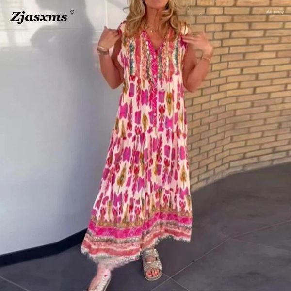 Casual Kleider Sommer Frauen Ärmellose Böhmen Drucken Maxi Kleid Mode Urlaub Strand Eine Linie Vintage Weibliche V-ausschnitt Party