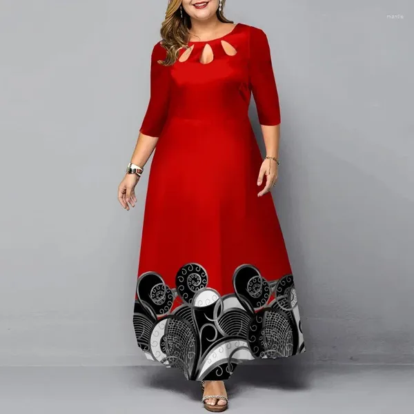 Ethnische Kleidung Plus Size Kleid Herbst Elegant Tribal Print Lange Party Frauen Sexy O-Ausschnitt Aushöhlen Rot Weihnachten Abend Outfits 5XL