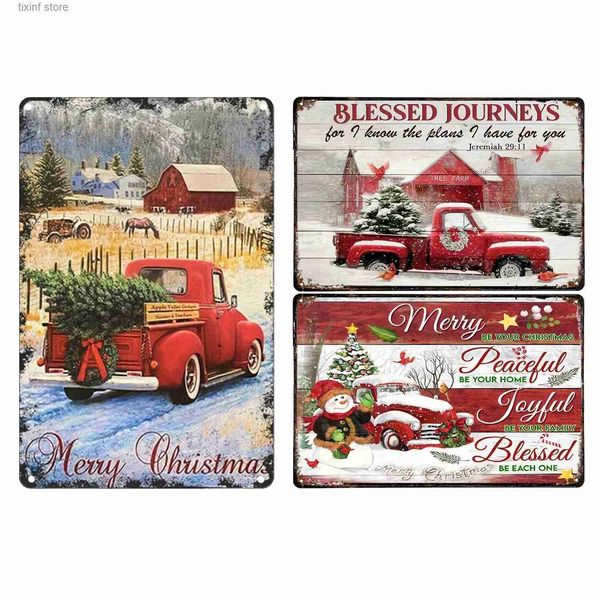 Pintura de metal Agricultura Red Truck Barn Blessed Journeys Feliz Natal Placa de metal - Decoração de férias de inverno Interior Exterior - Decoração de varanda de fazenda T240309