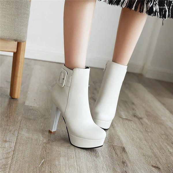 Botas Ymechic moda elegante vestido escritório mulher sapatos preto branco rosa plataforma fivela pico salto alto tornozelo inverno 2024