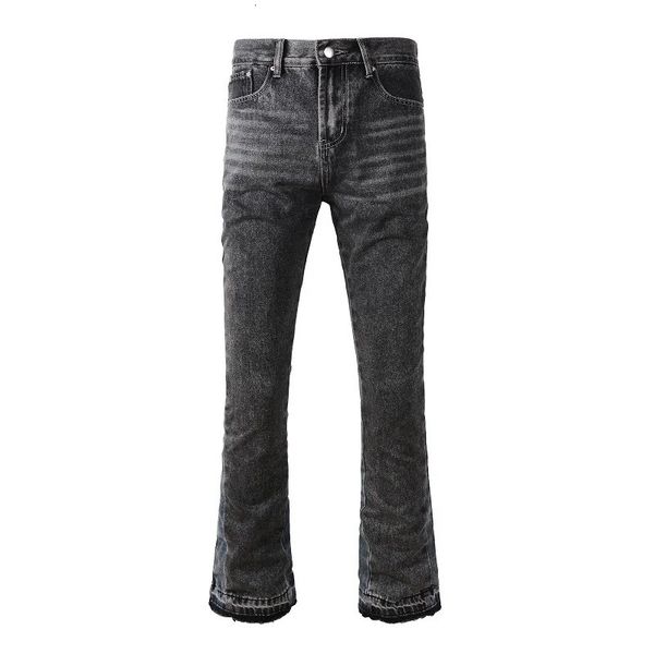 Chegadas homens preto cinza flare splice catmoustache lavado calças jeans bootcut emendado streetwear queimado jeans 240309