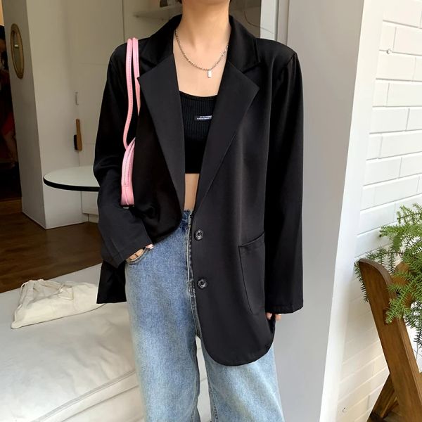 Blazer Mode Frau Blazer 2022 Casual Koreanischen Stil Schwarz Jacken Outfit Büro Einreiher Polyester Weibliche Rosa Mäntel Kleidung