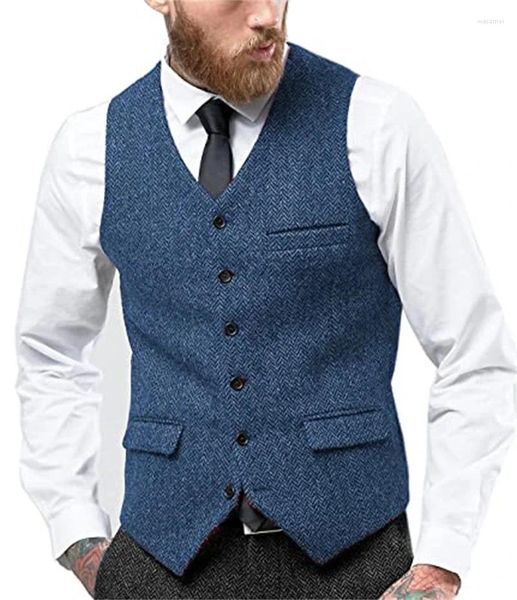 Herrenwesten Anzugweste V-Ausschnitt Herringbone Tweed Business Weste für Hochzeit Männer Groomman Kleidung Jacke Viktorianisch SteampunkA