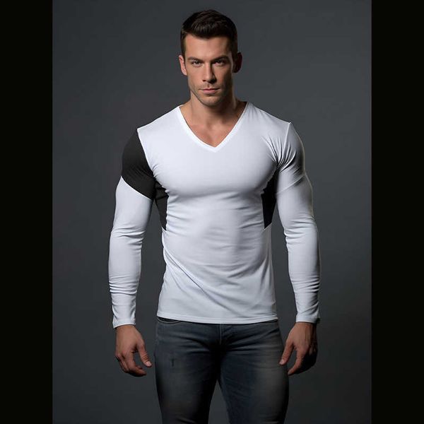 Camiseta masculina outono e inverno nova britânica casual cor combinando com decote em v magro masculino de manga comprida base t240309